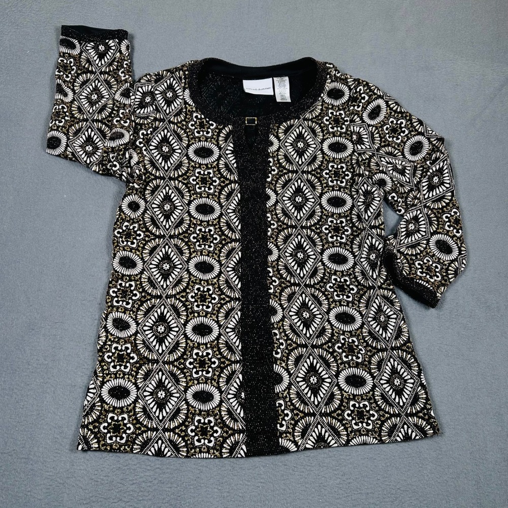 Alfred Dunner Top Womens Small Black Gold Metallic Geometric Keyhole Blouse